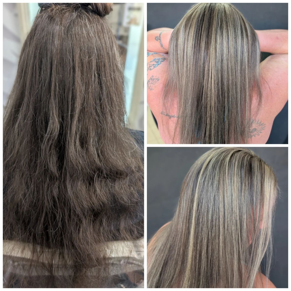 Before and after: long brunette hair with grey regrowth beside straight hair with fine blonde highlights