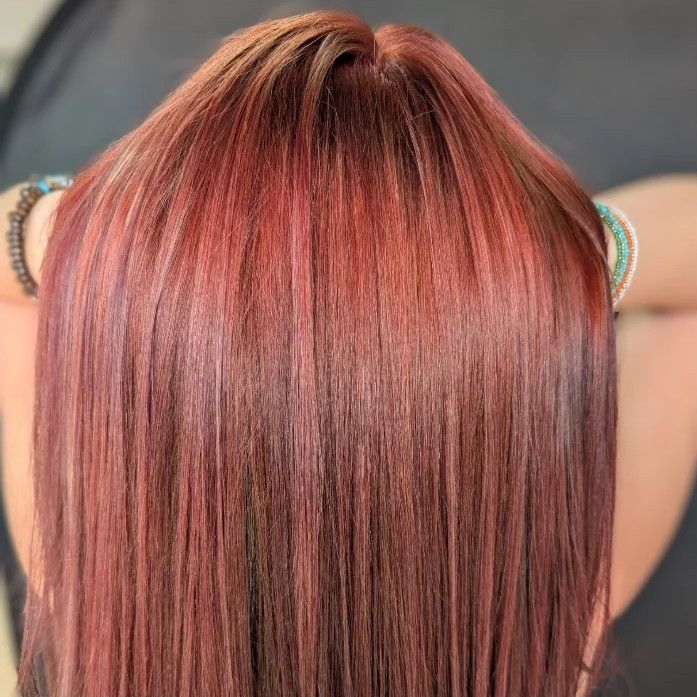 Glossy rose copper color on straight hair, photographed from behind on a real client