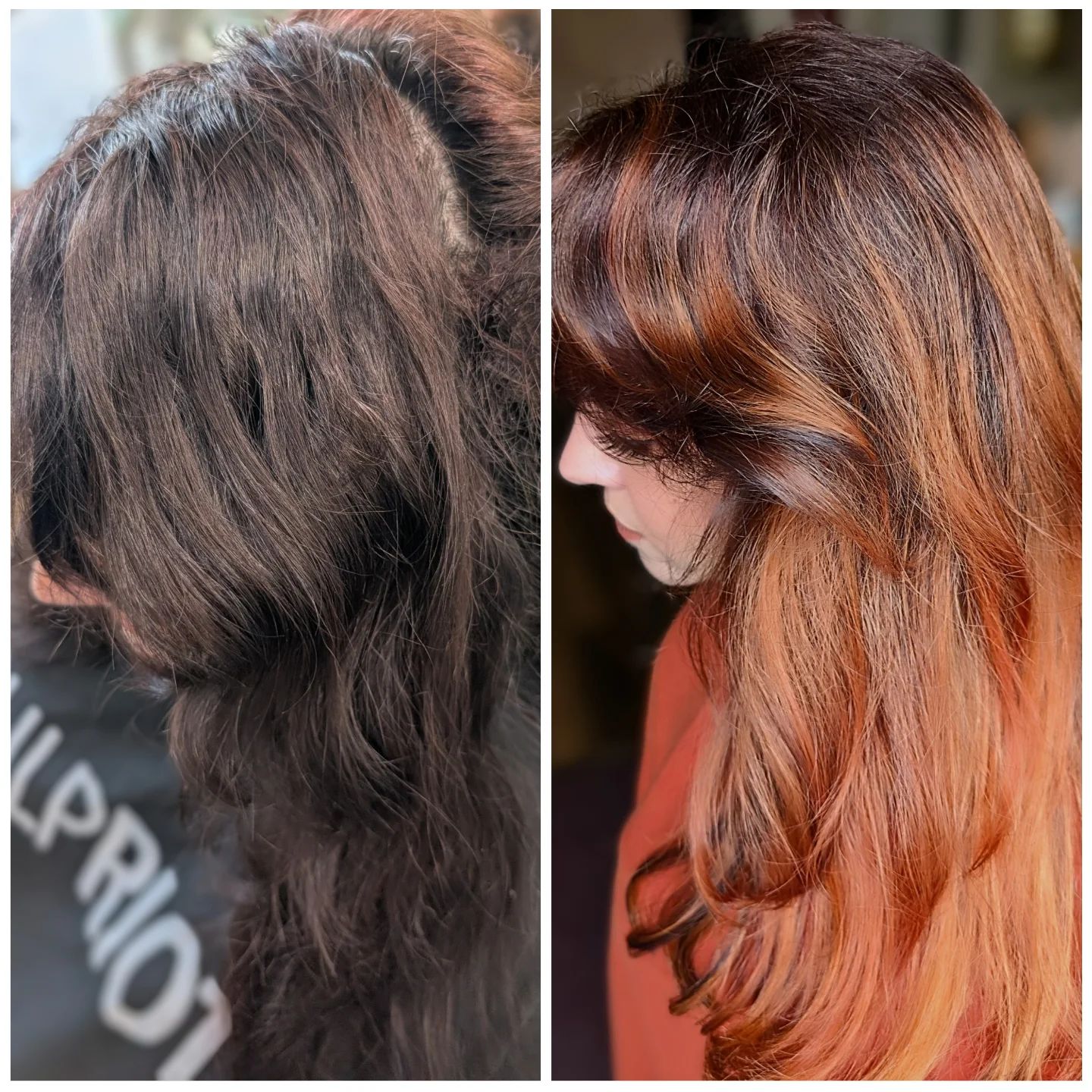 Before and after: dark brunette hair beside copper balayage with curtain bangs