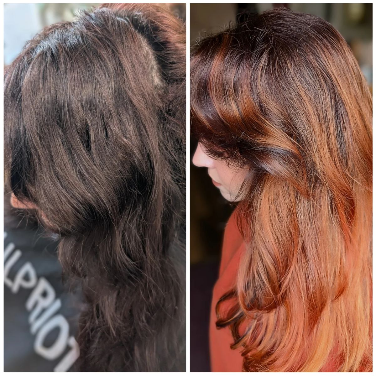 Before and after: dark brunette hair beside copper balayage with curtain bangs