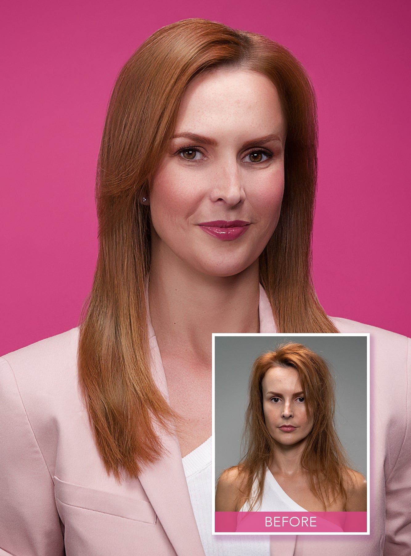 Model with smooth, shiny red hair, Keratin Complex brand photo