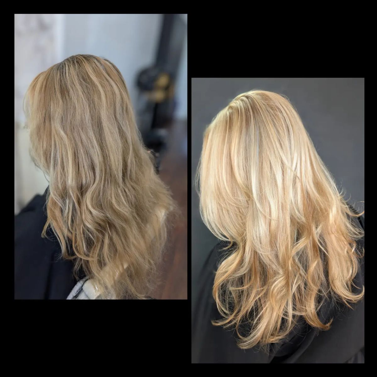 Before and after: flat grown-out blonde hair beside bright golden blonde layered hair