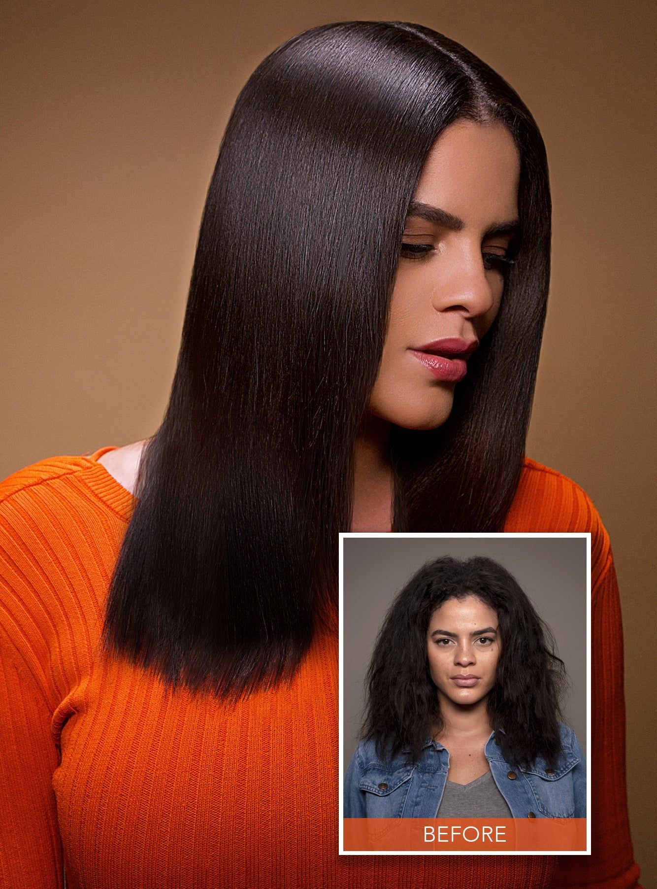 Woman looking down with sleek, straight dark hair in an orange sweater, with a small inset of her curly hair before, Keratin Complex KCMAX brand photo