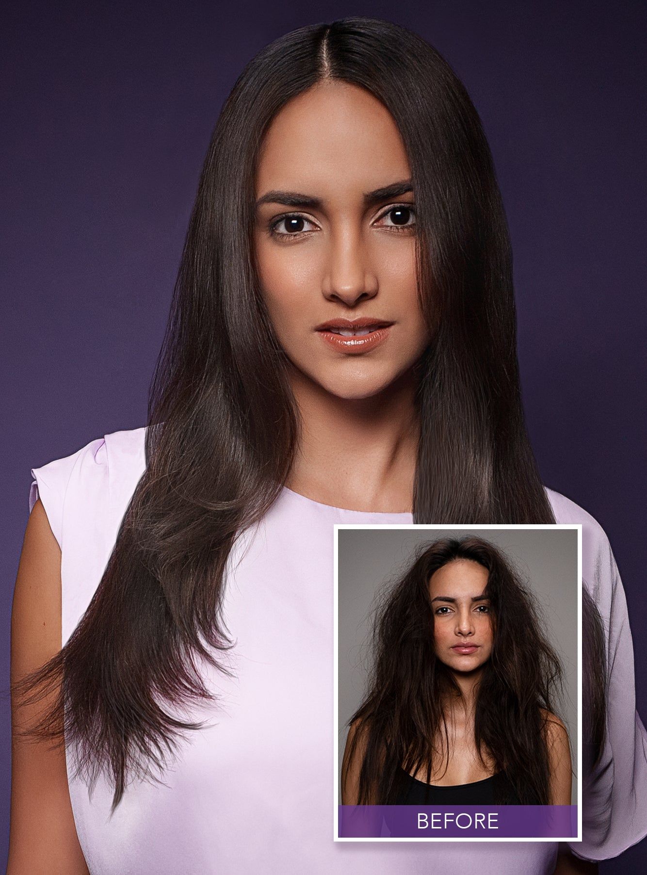 Woman with long, straight, glossy dark brown hair on a deep purple background, with a small inset of her frizzy hair before, Keratin Complex KCSMOOTH brand photo