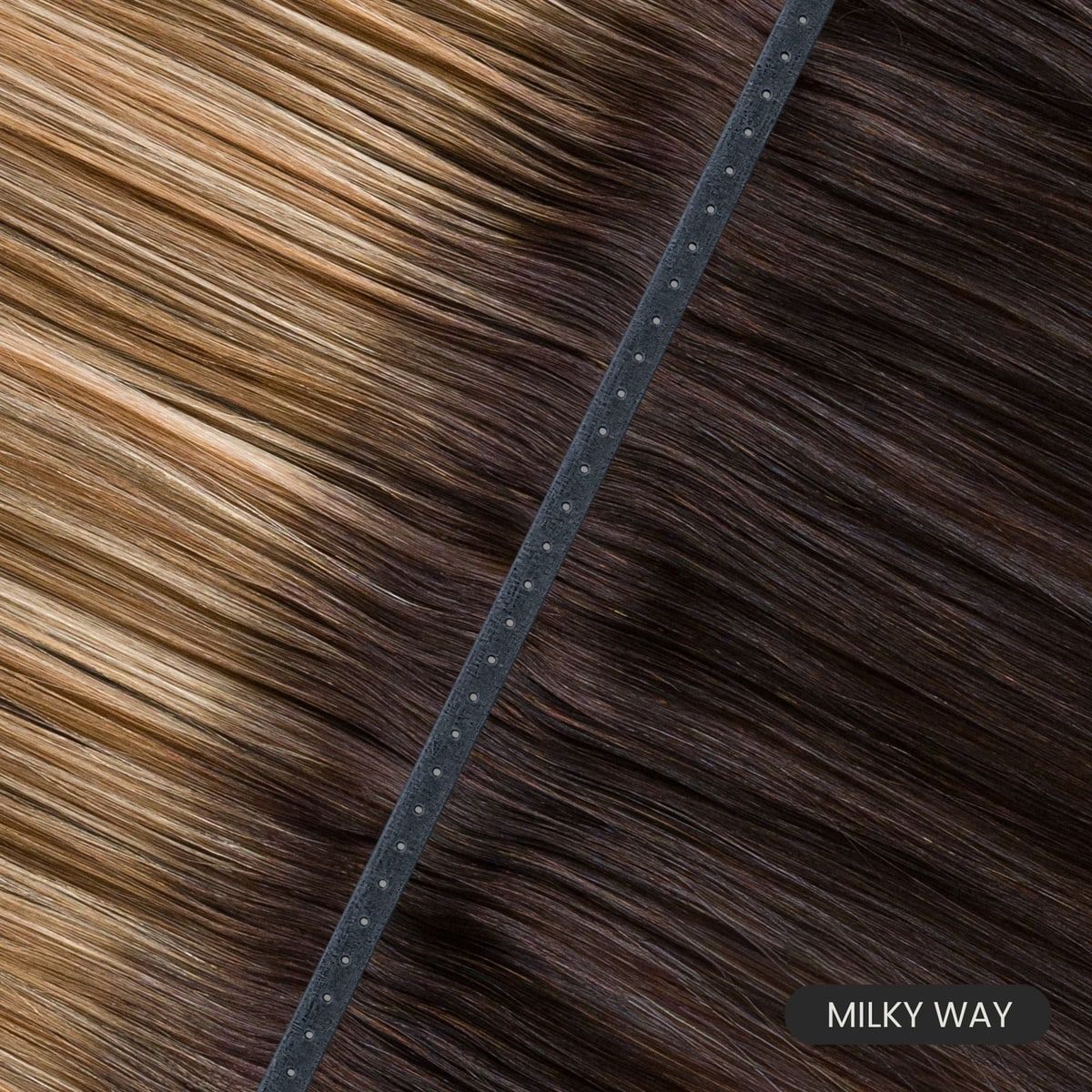 Close-up of an Eterna Medusa weft in Milky Way, showing the weft track and single-donor hair