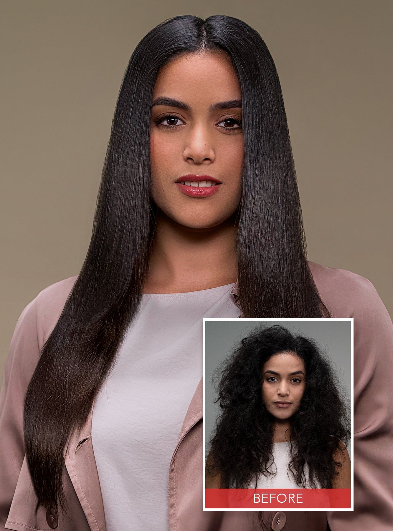 Model with long, smooth, glossy dark hair, Keratin Complex brand photo