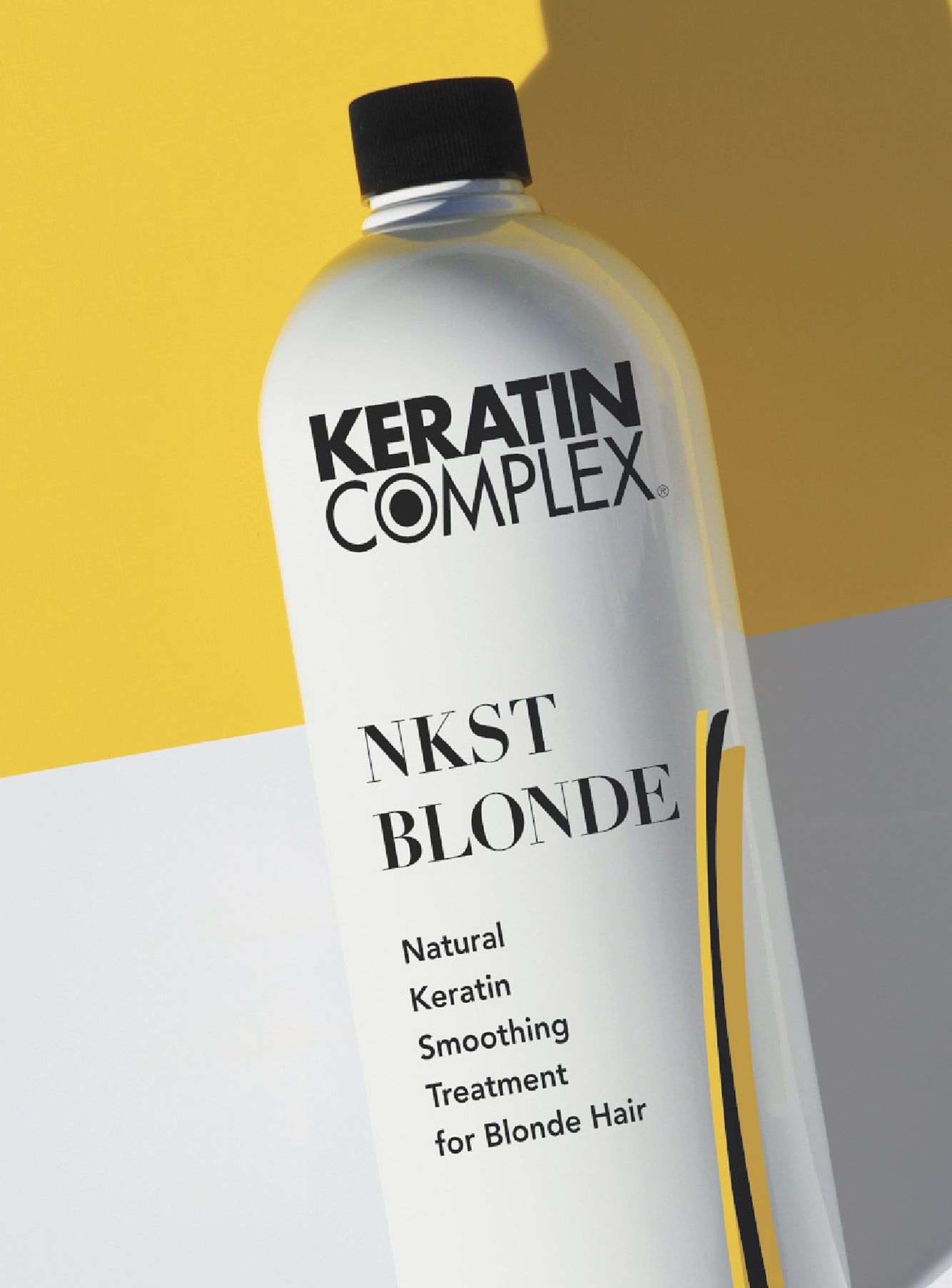 Keratin Complex NKST Blonde smoothing treatment bottle on a gold background, product photo