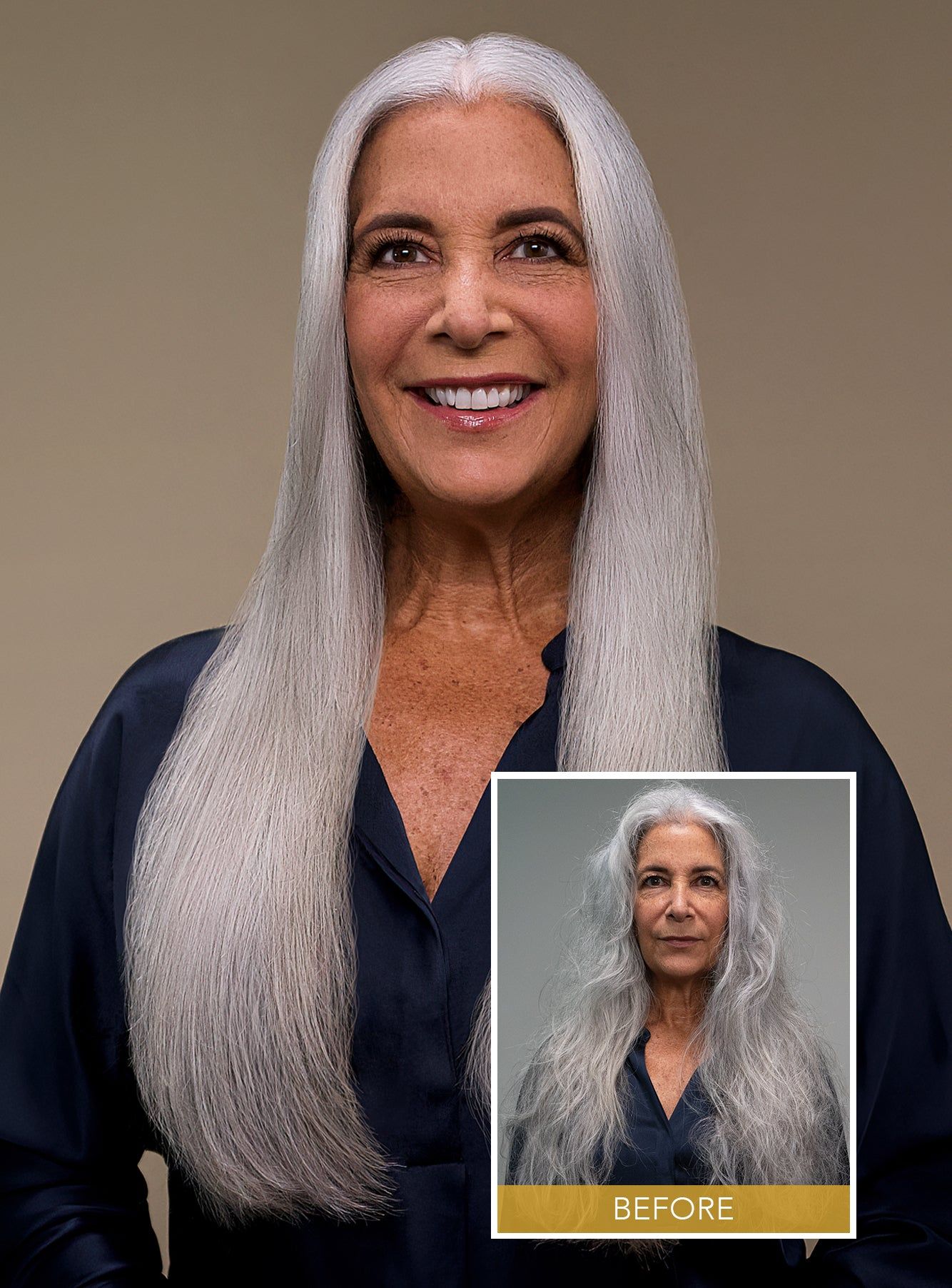 Smiling woman with very long, straight silver hair and a small inset of her wavy gray hair before, Keratin Complex NKST Blonde brand photo