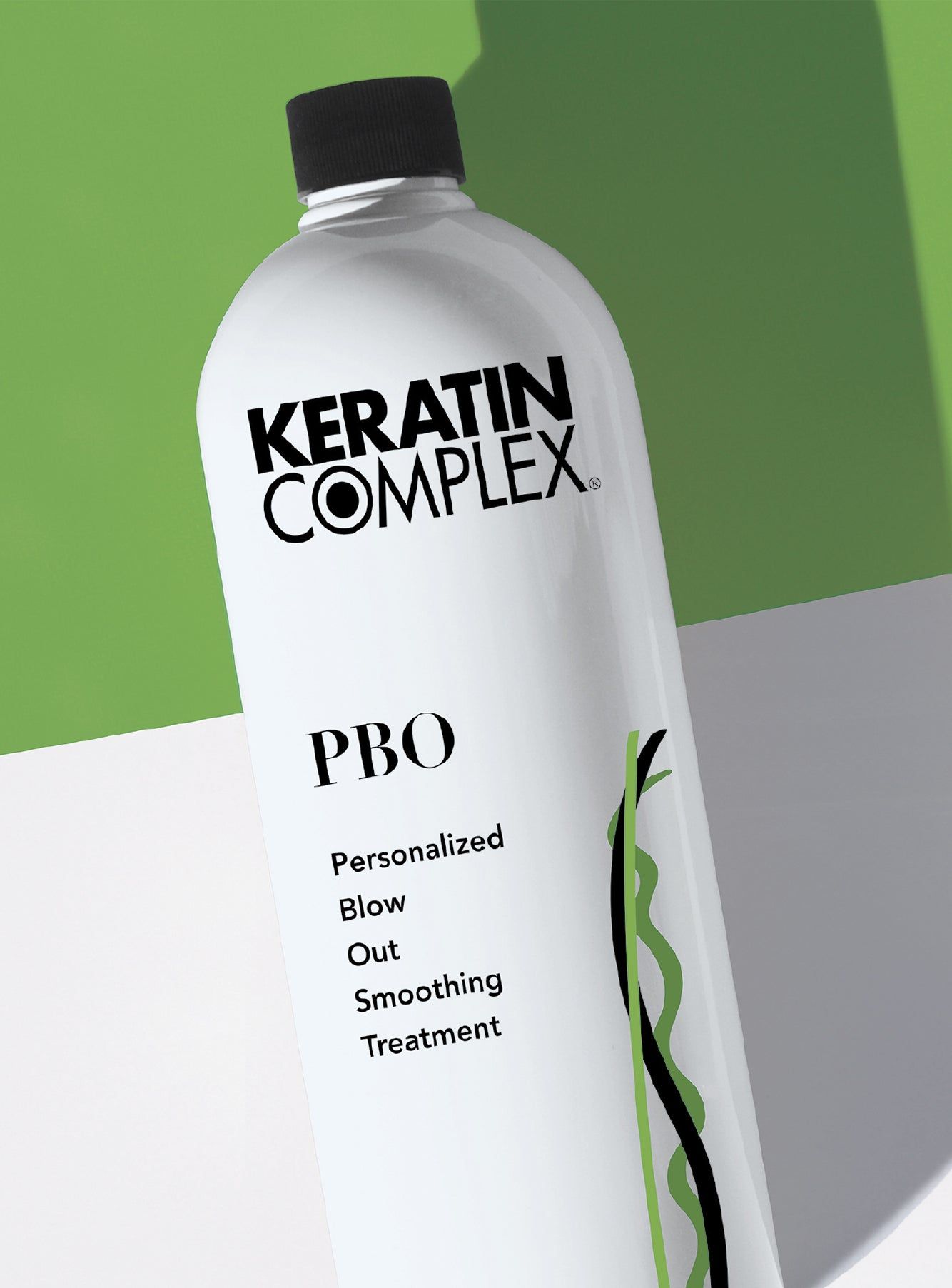 Keratin Complex PBO Personalized Blow Out smoothing treatment bottle on a green background, product photo