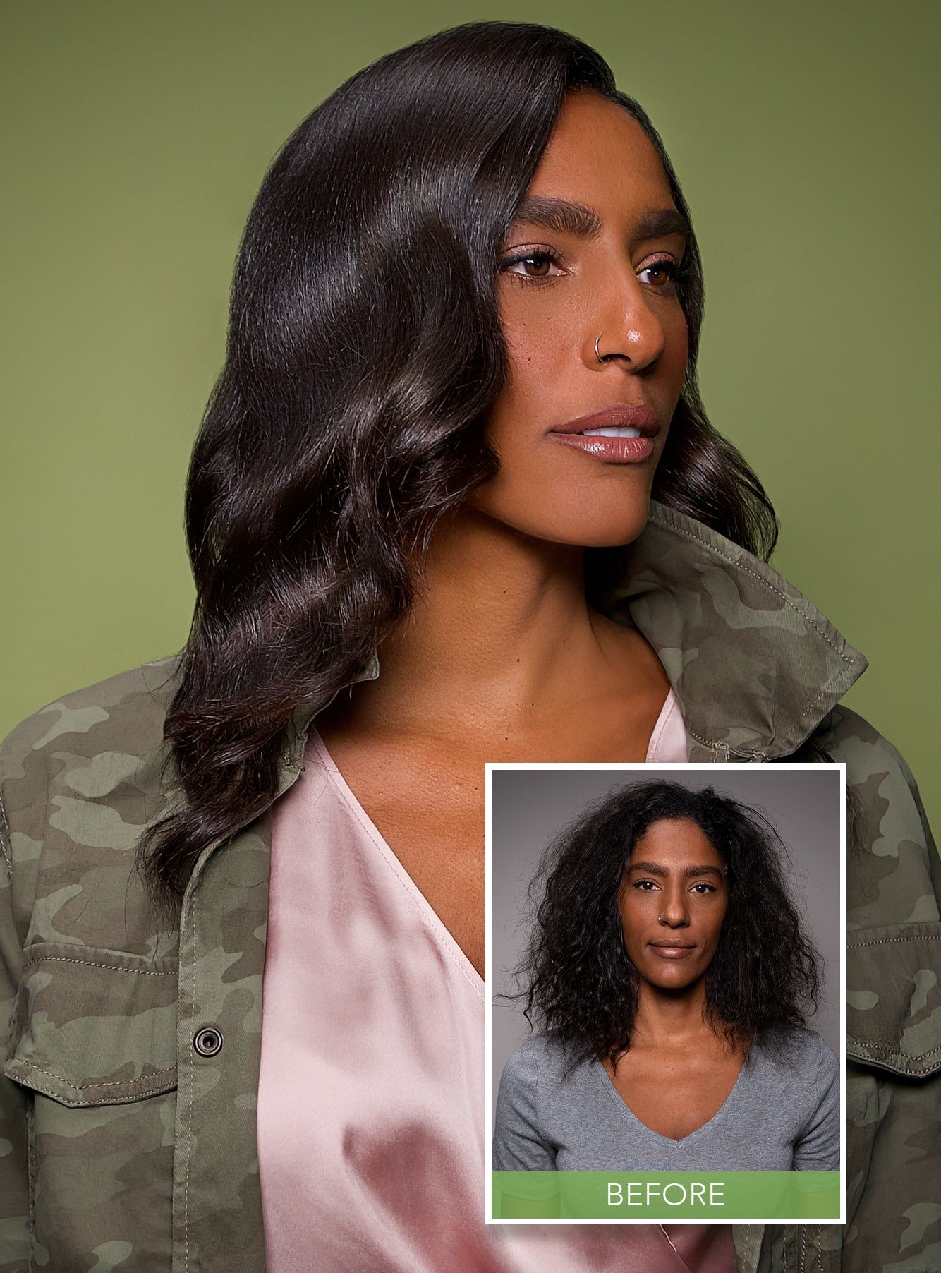 Woman with glossy, soft dark waves on an olive green background, with a small inset of her curly hair before, Keratin Complex PBO brand photo