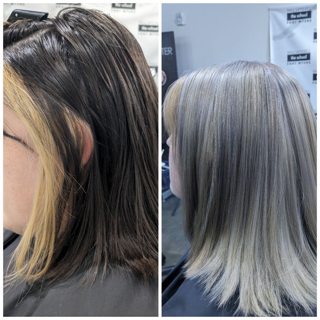 Before and after: dark hair with a chunky blonde panel beside a smooth silver blonde blend
