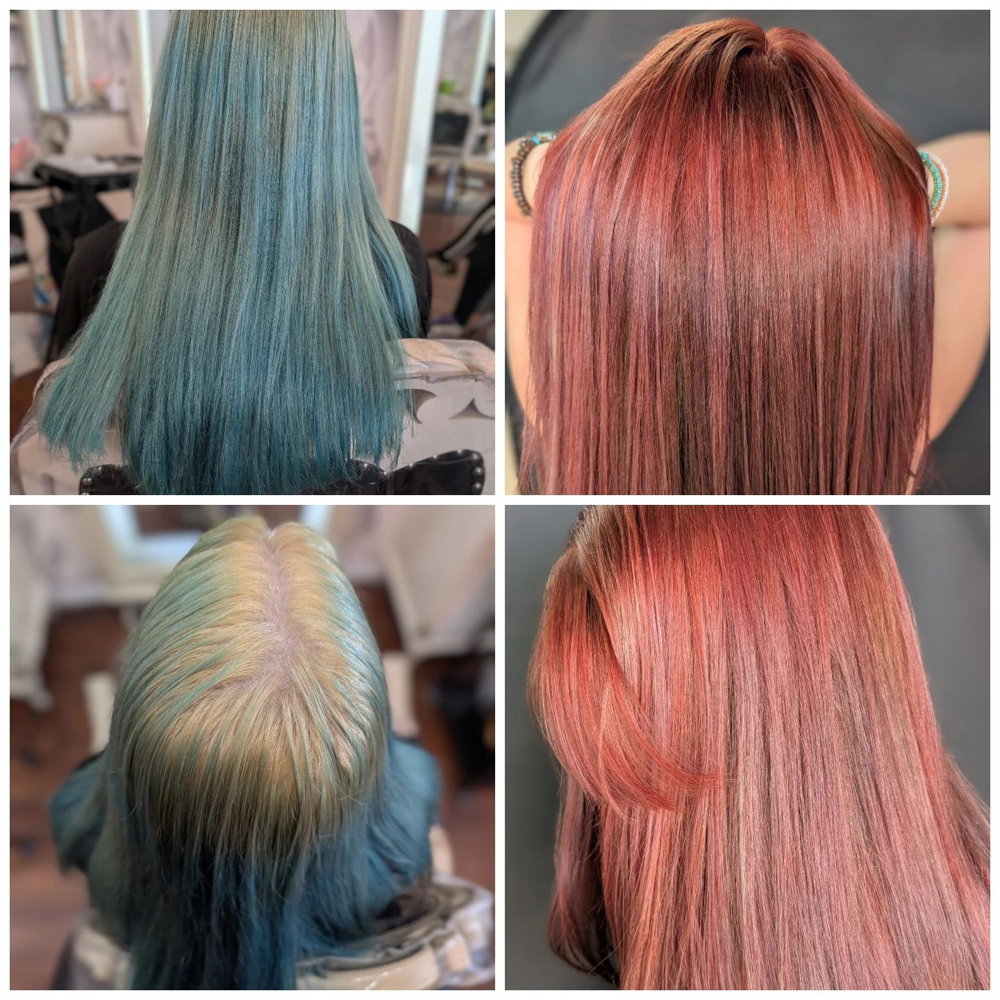 Before and after: faded teal hair beside glossy rose copper hair