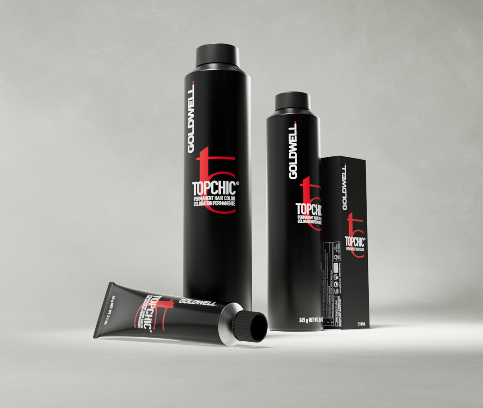 Goldwell Topchic permanent hair color cans and tube, product photo