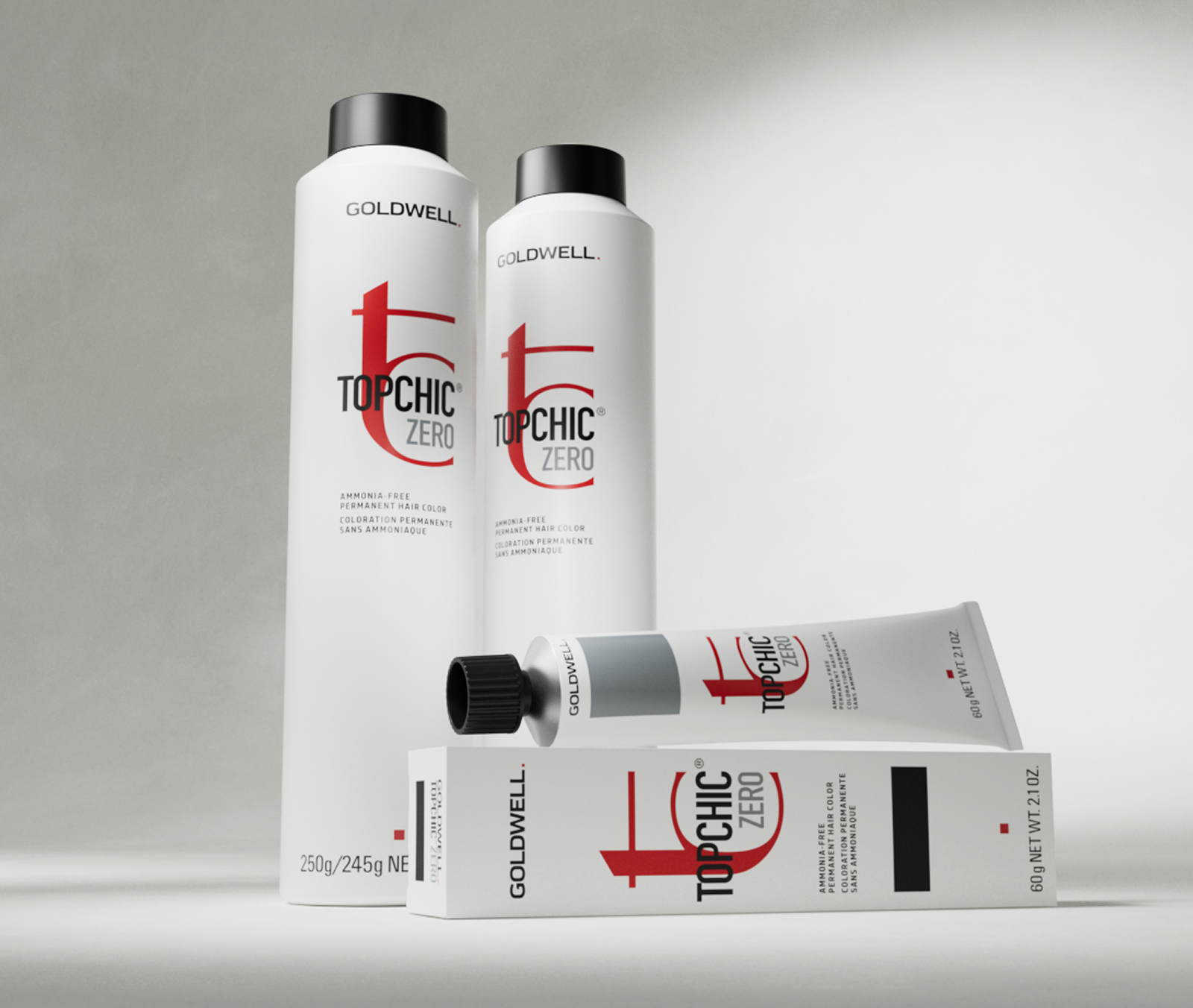 Goldwell Topchic Zero ammonia-free hair color bottles and tube, product photo