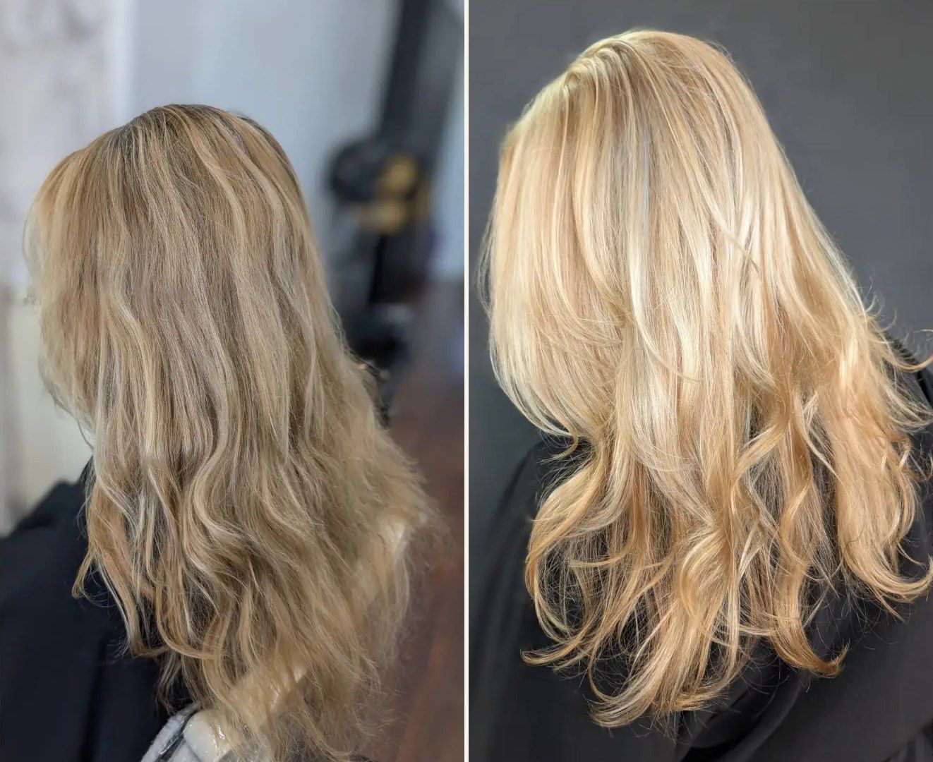 Before and after: flat grown-out blonde hair beside bright golden blonde layered hair