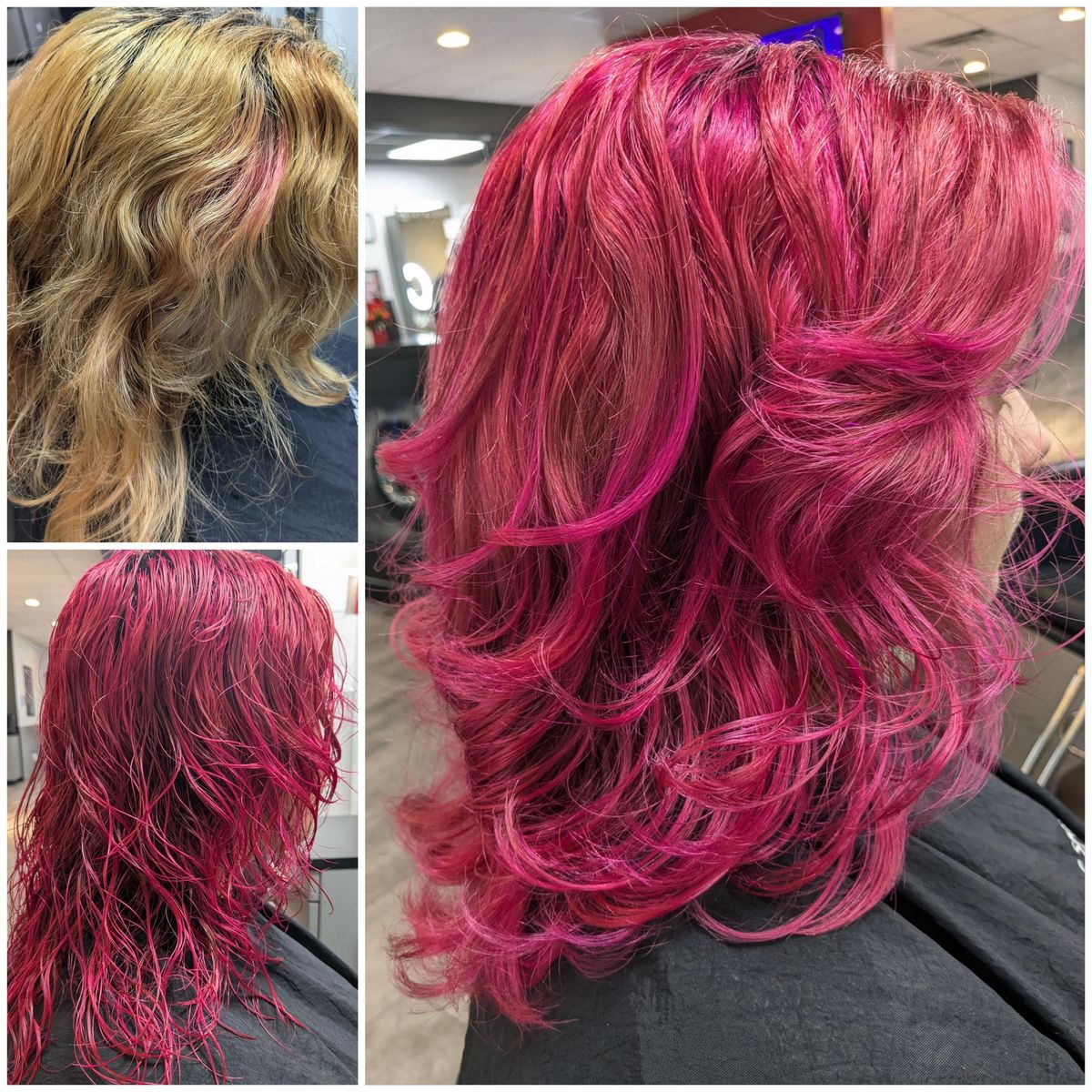 Before and after collage: brassy blonde hair, then wet magenta color, then finished magenta curls