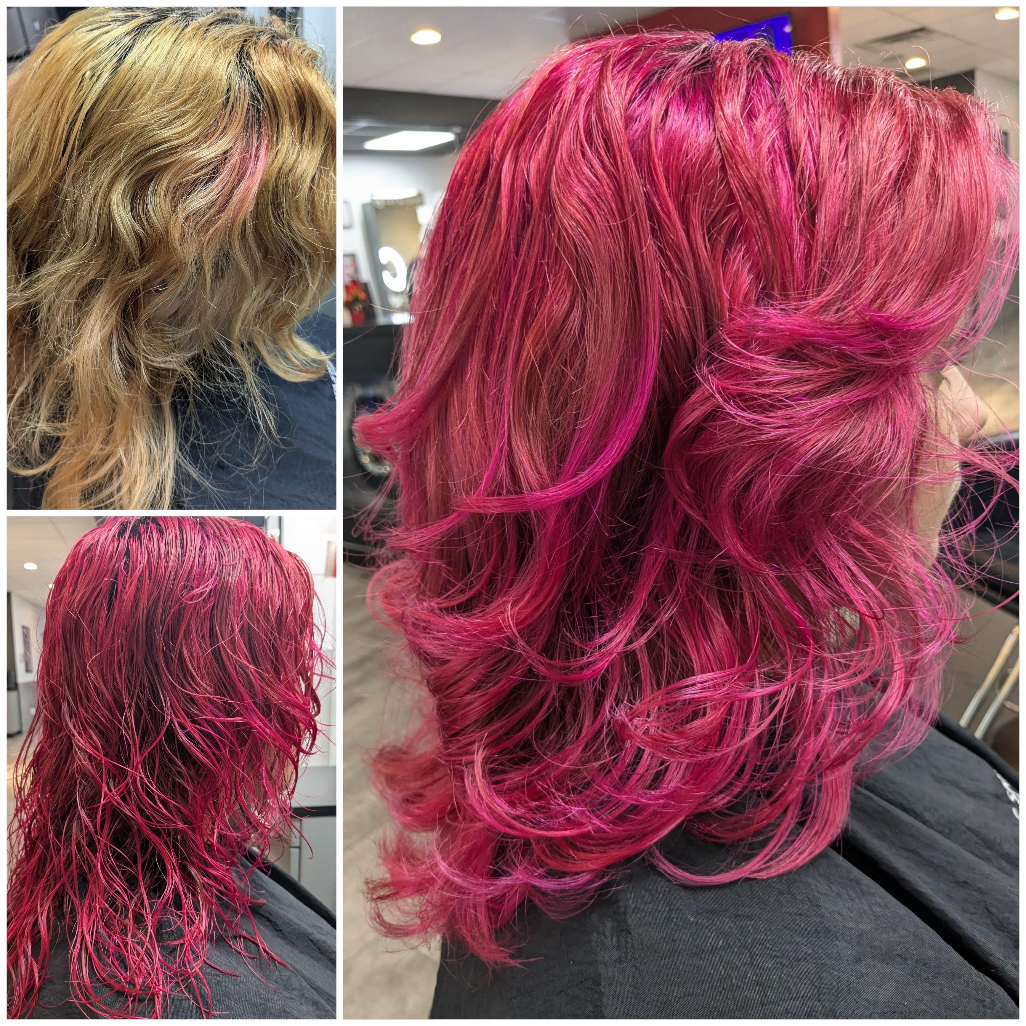 Before and after collage: brassy blonde hair, then wet magenta color, then finished magenta curls